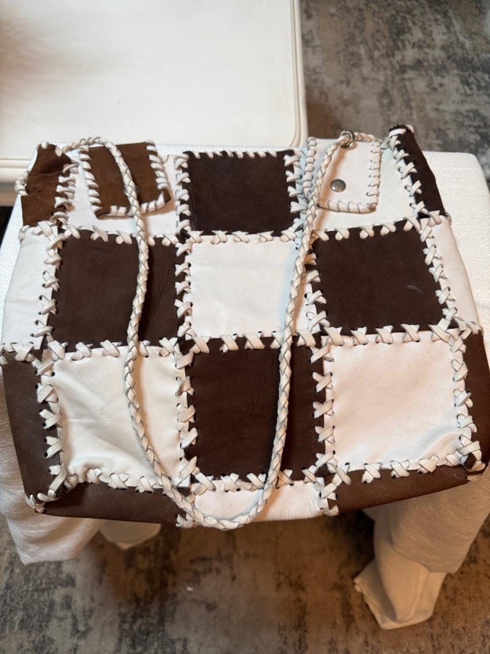 Brown and White Patchwork Tote Bag with Braided Strap